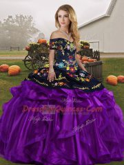 Decent Black And Purple Sleeveless Floor Length Embroidery and Ruffles Lace Up Quinceanera Gowns