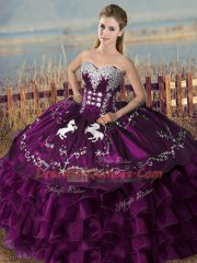 Purple Sleeveless Floor Length Embroidery and Ruffles Lace Up Ball Gown Prom Dress