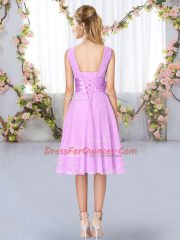 Wonderful Lavender V-neck Neckline Hand Made Flower Court Dresses for Sweet 16 Sleeveless Lace Up
