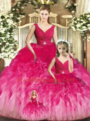 Great Multi-color Tulle Backless Quince Ball Gowns Sleeveless Floor Length Beading and Ruffles