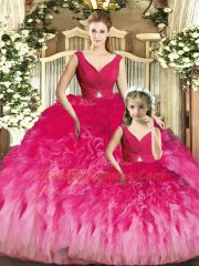 Great Multi-color Tulle Backless Quince Ball Gowns Sleeveless Floor Length Beading and Ruffles