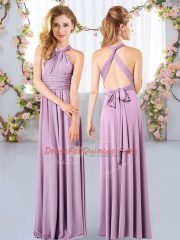 Captivating Halter Top Sleeveless Court Dresses for Sweet 16 Floor Length Ruching Lavender Chiffon