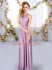 Captivating Halter Top Sleeveless Court Dresses for Sweet 16 Floor Length Ruching Lavender Chiffon