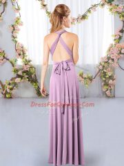 Captivating Halter Top Sleeveless Court Dresses for Sweet 16 Floor Length Ruching Lavender Chiffon