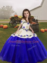 Modern Royal Blue Ball Gowns Organza Straps Sleeveless Embroidery Floor Length Lace Up Pageant Dress for Girls