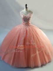 Customized Tulle V-neck Sleeveless Lace Up Beading 15 Quinceanera Dress in Peach