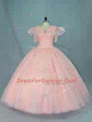 Deluxe Peach Short Sleeves Organza Zipper Sweet 16 Dresses for Sweet 16 and Quinceanera