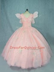 Deluxe Peach Short Sleeves Organza Zipper Sweet 16 Dresses for Sweet 16 and Quinceanera