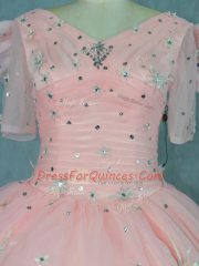 Deluxe Peach Short Sleeves Organza Zipper Sweet 16 Dresses for Sweet 16 and Quinceanera