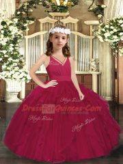 Burgundy Tulle Zipper V-neck Sleeveless Floor Length Pageant Dresses Ruffles and Ruching