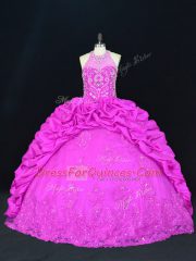 Pretty Taffeta Halter Top Sleeveless Lace Up Beading and Appliques and Pick Ups Sweet 16 Dresses in Fuchsia