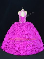 Pretty Taffeta Halter Top Sleeveless Lace Up Beading and Appliques and Pick Ups Sweet 16 Dresses in Fuchsia