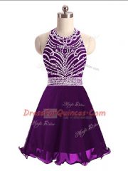 Eggplant Purple Lace Up Halter Top Beading Chiffon Sleeveless