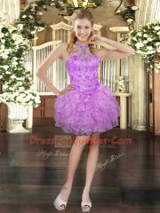 Chic Sleeveless Organza Mini Length Lace Up Dress for Prom in Lilac with Beading and Ruffles