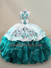 Luxurious Teal Quinceanera Gown Sweet 16 and Quinceanera with Embroidery and Ruffles Halter Top Sleeveless Lace Up