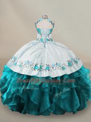Luxurious Teal Quinceanera Gown Sweet 16 and Quinceanera with Embroidery and Ruffles Halter Top Sleeveless Lace Up