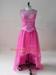 Dazzling Scoop Sleeveless Homecoming Dress High Low Beading Hot Pink Tulle