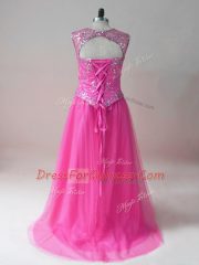 Dazzling Scoop Sleeveless Homecoming Dress High Low Beading Hot Pink Tulle