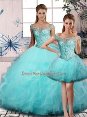 Flare Tulle Off The Shoulder Sleeveless Lace Up Beading and Ruffles Ball Gown Prom Dress in Aqua Blue