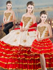 White And Red Sweet 16 Quinceanera Dress Sweet 16 and Quinceanera with Beading and Ruffled Layers Sweetheart Sleeveless Lace Up