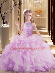 Unique Sleeveless Tulle Floor Length Lace Up Pageant Dress Womens in Lilac with Beading