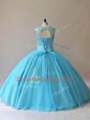 Elegant Baby Blue Scoop Neckline Beading Ball Gown Prom Dress Sleeveless Lace Up