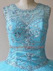 Elegant Baby Blue Scoop Neckline Beading Ball Gown Prom Dress Sleeveless Lace Up