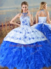 Blue And White Quinceanera Gown Sweet 16 and Quinceanera with Embroidery and Ruffles Halter Top Sleeveless Court Train Lace Up