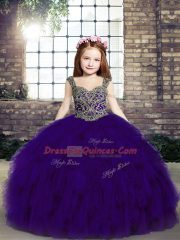 Purple Lace Up Pageant Gowns For Girls Beading Sleeveless Floor Length