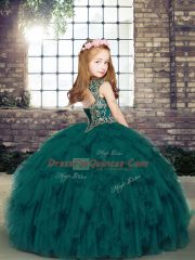 Purple Lace Up Pageant Gowns For Girls Beading Sleeveless Floor Length