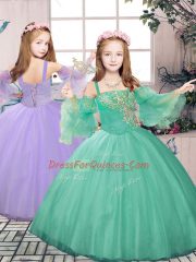Customized Turquoise Straps Lace Up Beading and Appliques Little Girls Pageant Dress Sleeveless