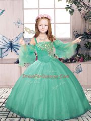 Customized Turquoise Straps Lace Up Beading and Appliques Little Girls Pageant Dress Sleeveless