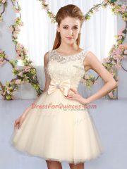 Luxury Sleeveless Tulle Mini Length Lace Up Quinceanera Court of Honor Dress in Champagne with Lace and Bowknot