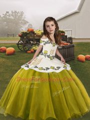 Floor Length Olive Green Pageant Gowns For Girls Straps Sleeveless Lace Up