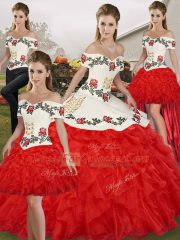 Romantic Floor Length Lace Up Quinceanera Gowns White And Red for Military Ball and Sweet 16 and Quinceanera with Embroidery and Ruffles