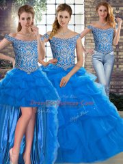 Brush Train Three Pieces Sweet 16 Dress Blue Off The Shoulder Tulle Sleeveless Lace Up