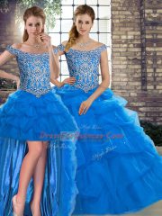 Brush Train Three Pieces Sweet 16 Dress Blue Off The Shoulder Tulle Sleeveless Lace Up