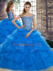 Brush Train Three Pieces Sweet 16 Dress Blue Off The Shoulder Tulle Sleeveless Lace Up