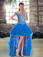 Brush Train Three Pieces Sweet 16 Dress Blue Off The Shoulder Tulle Sleeveless Lace Up