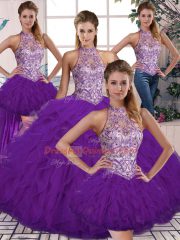 Customized Purple Tulle Lace Up Halter Top Sleeveless Floor Length Vestidos de Quinceanera Beading and Ruffles