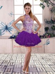 Customized Purple Tulle Lace Up Halter Top Sleeveless Floor Length Vestidos de Quinceanera Beading and Ruffles