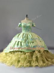 Superior Yellow Green Ball Gowns Off The Shoulder Sleeveless Organza Chapel Train Lace Up Embroidery and Ruffles Sweet 16 Dresses