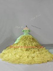 Superior Yellow Green Ball Gowns Off The Shoulder Sleeveless Organza Chapel Train Lace Up Embroidery and Ruffles Sweet 16 Dresses