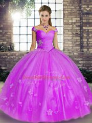 Lavender Ball Gowns Beading and Appliques Quince Ball Gowns Lace Up Tulle Sleeveless Floor Length