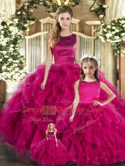 Pretty Fuchsia Lace Up 15 Quinceanera Dress Ruffles Sleeveless Floor Length