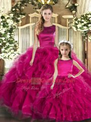 Pretty Fuchsia Lace Up 15 Quinceanera Dress Ruffles Sleeveless Floor Length