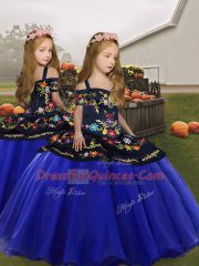 Modern Royal Blue Lace Up Off The Shoulder Embroidery Quinceanera Gown Tulle Sleeveless