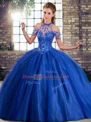 Luxury Royal Blue Ball Gowns Beading Quinceanera Dress Lace Up Tulle Sleeveless