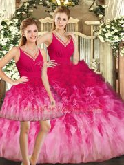 Multi-color Three Pieces V-neck Sleeveless Tulle Floor Length Backless Ruffles 15 Quinceanera Dress