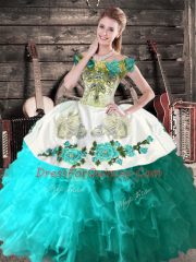 Aqua Blue Ball Gowns Embroidery Quinceanera Gown Lace Up Organza Sleeveless Floor Length